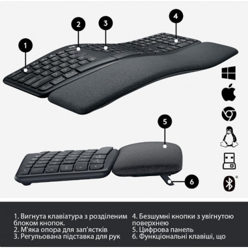 Клавіатура Logitech ERGO K860 Bluetooth/Wireless US Black (920-010106, 920-010108) Купити в Україні