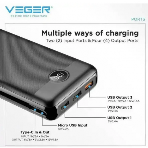 Універсальна батарея VEGER V3008 PD 30000 mAh 20W PD Quick Charge 3.0 + LCD Black Купити в Україні