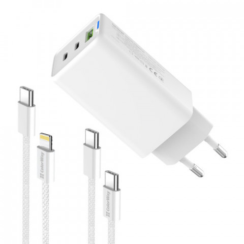 Мережевий зарядний пристрій ColorWay GaN Mini 65W PD Port PPS USB (USB-2C1A) White (CW-CHS058PDCL-WT) + кабель Type-C&Lightning