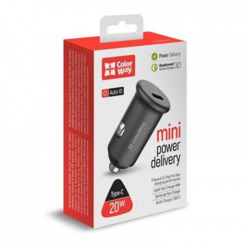 Автомобильний зарядний пристрій ColorWay (1USBx3A, 20W) Power Delivery Port Gray (CW-CHA028PD-GR)
