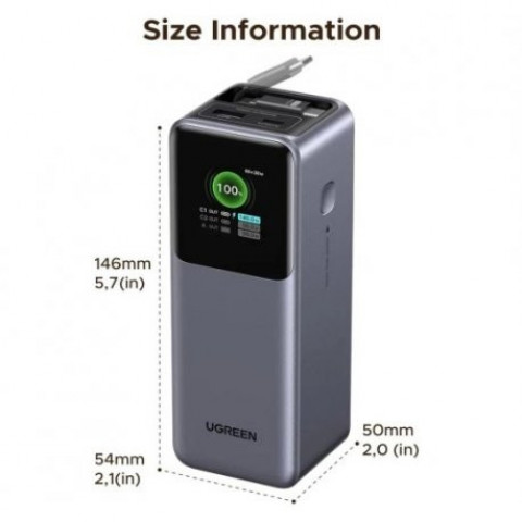 Зовнішній акумулятор Power Bank Ugreen 20000mAh 165W Gray (PB726)
