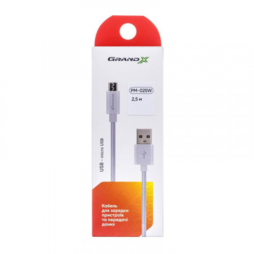 Кабель Grand-X USB-microUSB, Cu, 2.5м White (PM025W) box