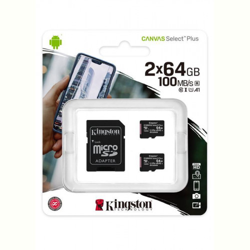 Карта пам`яті MicroSDXC 2x64GB UHS-I Class 10 Kingston Canvas Select Plus R100MB/s + SD-адаптер (SDCS2/64GB-2P1A)