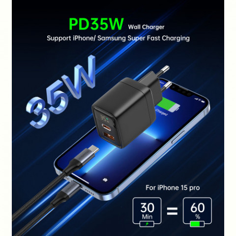 Мережевий зарядний пристрій Choetech (USB-C+USB-A) Black (PD6052-EU-BK)