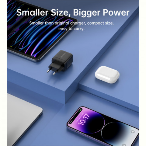Мережевий зарядний пристрій Choetech (USB-C+USB-A) Black (PD6052-EU-BK)