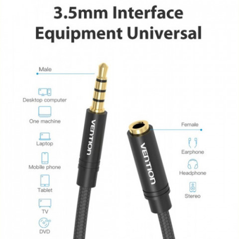 Кабель Vention Audio 3.5 мм - 3.5 мм (М/F), 2 м, чорний (VAB-B06-B200-M)
