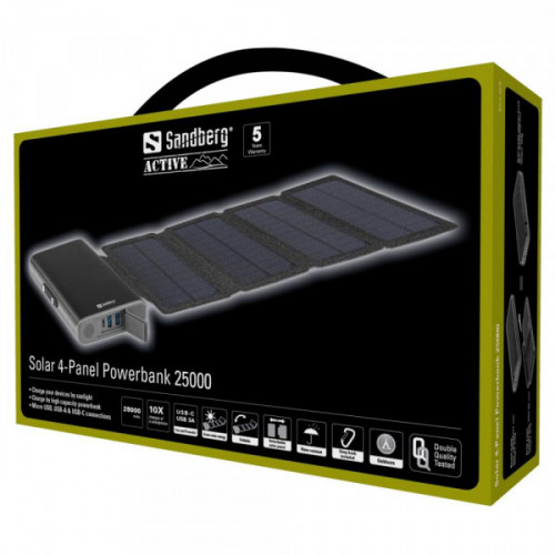 Зовнішній акумулятор (павербанк) Sandberg 4-Panel 8W PD 25000 mAh, 2xUSB, Type-C OUT (420-56)