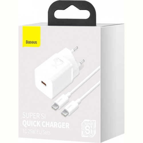 Мережевий зарядний пристрій Baseus Super Silicone PD Charger 25W (1Type-C) White (TZCCSUP-L02) + кабель Type-C