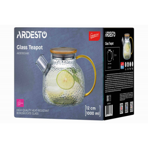 Заварник Ardesto Gemini Dew 1000мл, боросилікатне скло, бамбук, прозорий