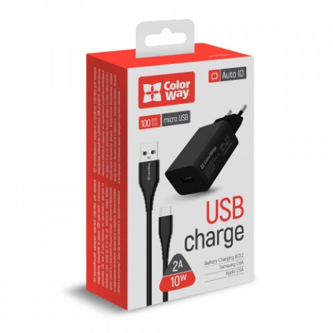 Мережевий зарядний пристрій ColorWay (1USBx2A) Black (CW-CHS012CM-BK) + кабель MicroUSB