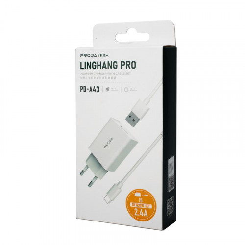 Зарядний пристрій Proda PD-A43i USB 2.4A + кабель USB Lightning White