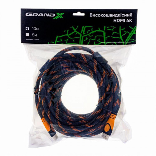 Кабель Grand-X (HDN10-4K) HDMI-HDMI, 4K, Cu, нейлон. оплетення, 10м