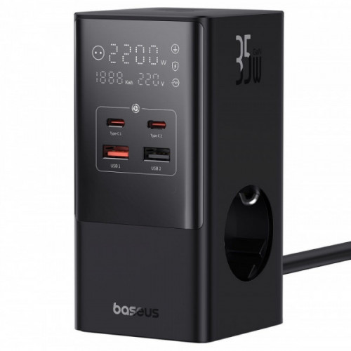 Мережевий фільтр Baseus Power Combo Tower Digital (3*AC+2*USB+2*Type-C 35W 1.5m) black Купити в Україні