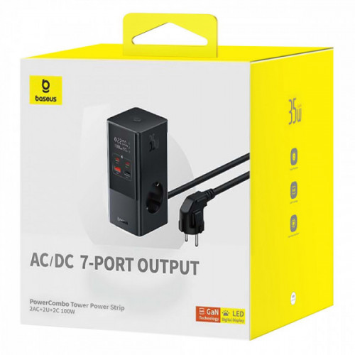 Мережевий фільтр Baseus Power Combo Tower Digital (3*AC+2*USB+2*Type-C 35W 1.5m) black Купити в Україні