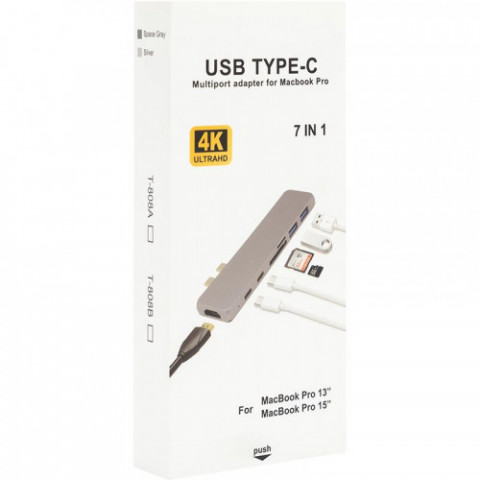 Концентратор USB-C PowerPlant CA911684 USB-C-2хUSB3.0, HDMI, SD, microSD, 2хUSB-C