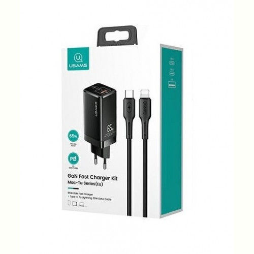 Мережевий зарядний пристрій Usams US-CC110 (1USB, 2USB Type-C) 65W PD + QC3.0 Black (MTXLOGTL01) + кабель USB-C - Lightning