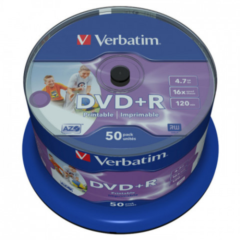 Диски DVD+R Verbatim 4.7Gb 16X CakeBox 50шт Wide inkjet photo Printable (43512)