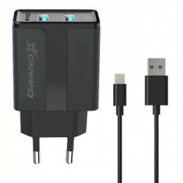 Мережевий зарядний пристрій Grand-X (1xUSB 2.4A) Black (CH15LTB) + кабель Lightning