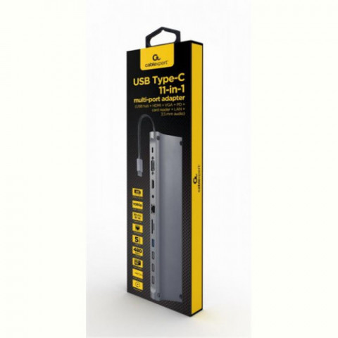 Док-станція Cablexpert USB-C 11-в-1 (A-CM-COMBO11-01) USB-хаб + HDMI/VGA/PD/картрідер/LAN/3.5-мм аудіо