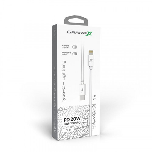 Кабель Grand-X USB-C-Lightning, Power Delivery, 20W, 1м, White (CL-07)