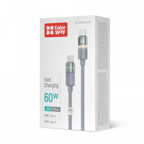 Кабель ColorWay USB Type-C - USB Type-C (M/M), warm light, 3А, 1 м, Grey (CW-CBPDCC092-GR)