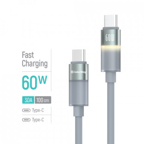 Кабель ColorWay USB Type-C - USB Type-C (M/M), warm light, 3А, 1 м, Grey (CW-CBPDCC092-GR)