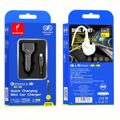 Автомобільний зарядний пристрій SkyDolphin SZ19T PD 20W + QC3.0 20W Black (SDAZP-000104) + кабель Type-C