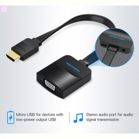 Адаптер Vention Flat HDMI - VGA (M/F), зі звуком і живленням, 0.15 м, чорний (42161)