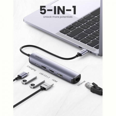 Концентратор USB Type-C Ugreen CM418 2xUSB 3.0 + HDMI + RJ45 1000M Ethernet, Gray (10919)