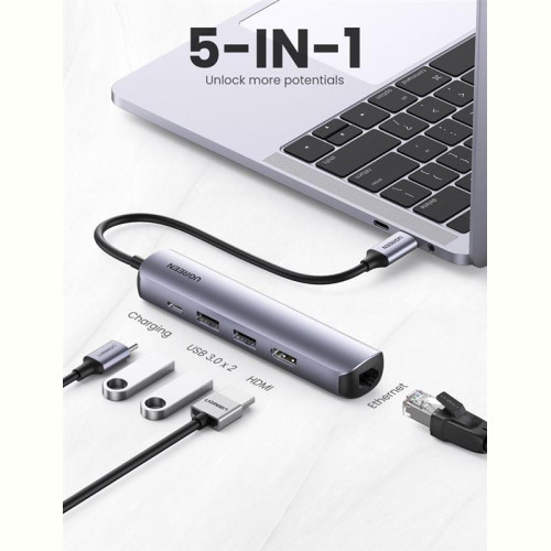 Концентратор USB Type-C Ugreen CM418 2xUSB 3.0 + HDMI + RJ45 1000M Ethernet, Gray (10919)