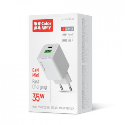 Мережевий зарядний пристрій ColorWay GaN Mini 35W PD Port PPS USB (Type-C PD + USB QC4.0) White (CW-CHS055PD-WT)