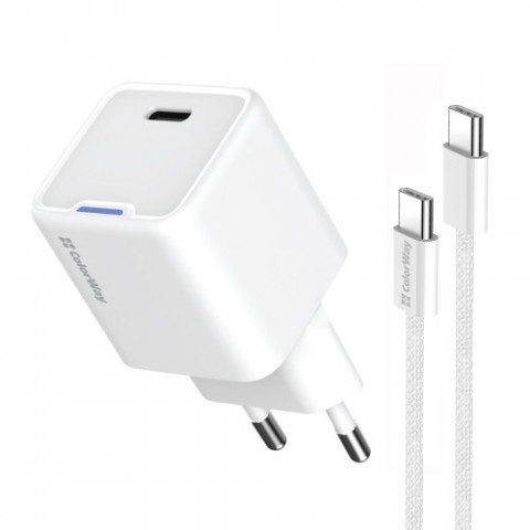 Мережевий зарядний пристрій ColorWay GaN Mini 25W PD Port PPS USB-C White (CW-CHS052PDC-WT) + кабель USB Type-C