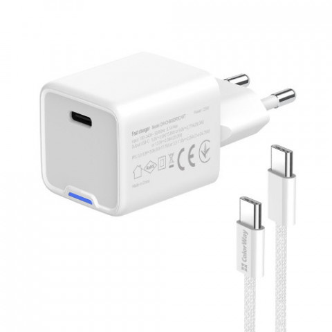 Мережевий зарядний пристрій ColorWay GaN Mini 25W PD Port PPS USB-C White (CW-CHS052PDC-WT) + кабель USB Type-C