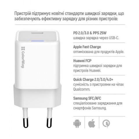 Мережевий зарядний пристрій ColorWay GaN Mini 25W PD Port PPS USB-C White (CW-CHS052PDC-WT) + кабель USB Type-C