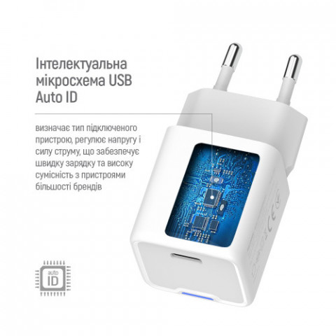 Мережевий зарядний пристрій ColorWay GaN Mini 25W PD Port PPS USB-C White (CW-CHS052PDC-WT) + кабель USB Type-C
