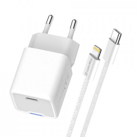 Мережевий зарядний пристрій ColorWay GaN Mini 20W PD Port PPS USB-C White (CW-CHS059PD-WT) + кабель Lightning