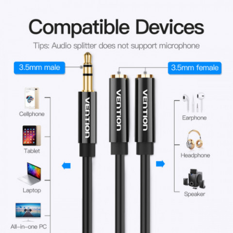 Кабель Vention Audio 3.5 mm M - 2х3.5 mm F, 0.3 m, Black (BBSBY)