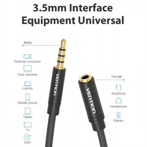 Кабель Vention Audio 3.5 mm M - 3.5 mm F, 5 m, Black (VAB-B06-B500-M)