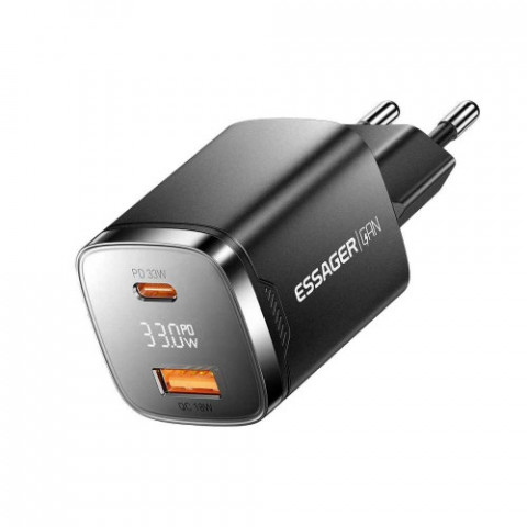 Мережевий зарядний пристрій Essager Gamet 33W GaN Digital Display A+C Black (ECT33W-GMB01-Z)