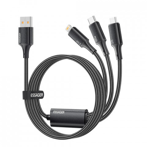 Кабель Essager Simple 3 in 1 USB - MicroUSB+USB Type-C+Lightning (M/M), 100W, 1.2 м Black (EXCMTL-JJ01-P)