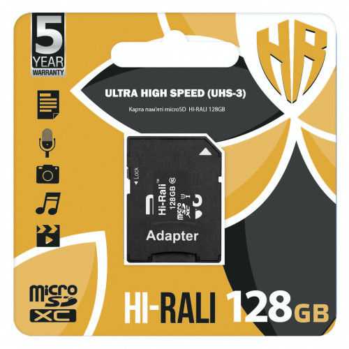 Карта пам`ятi MicroSDXC 128GB UHS-I U3 Class 10 Hi-Rali + SD-adapter (HI-128GBSD10U3-01)