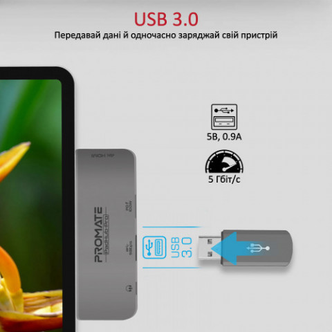 USB-хаб Promate PadHub-Pro USB Type-C 4-в-1 Grey