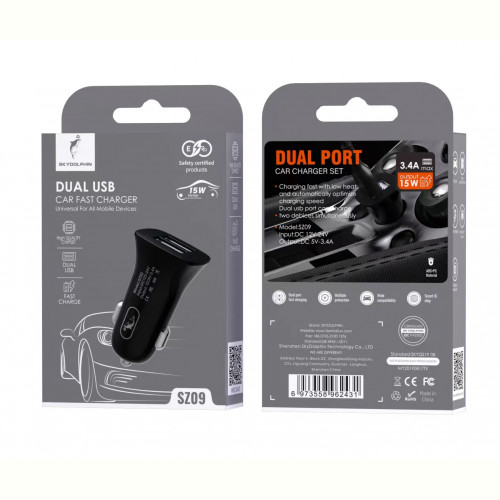 Автомобільний зарядний пристрій SkyDolphin SZ09 (2USB, 3.4A) Black (AZP-000107)