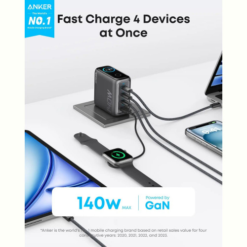 Мережевий зарядний пристрій Anker Laptop GaN Charger Black, 140W 3xUSB-C 1xUSB-A Display (B2697GZ1) + кабель USB Type-C