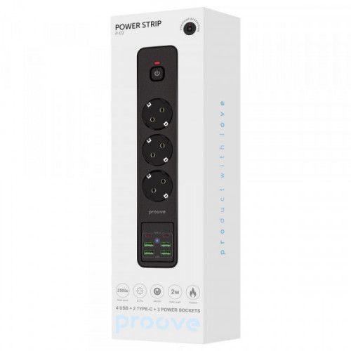 Мережевий фільтр Proove Power Strip P-03 (3 розетки + 4 USB + 2 Type-C) 2М black Купити в Україні