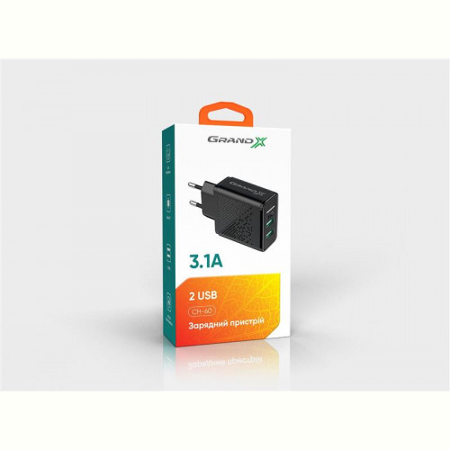 Мережевий зарядний пристрій Grand-X (2xUSB 3.1А) Black (CH-60)