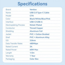 Кабель Vention USB - USB Type-C (M/M), 60W, 3A, 1 м, White (CTNWF)