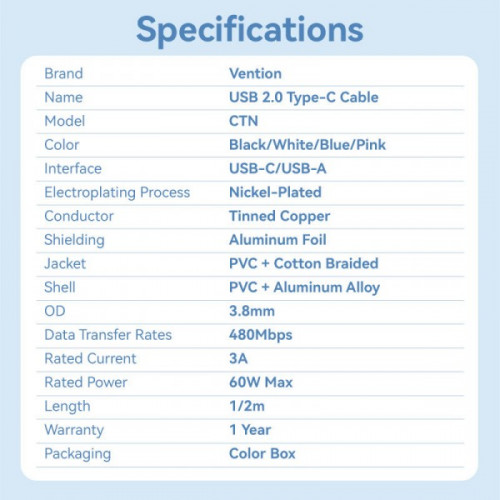Кабель Vention USB - USB Type-C (M/M), 60W, 3A, 1 м, White (CTNWF)