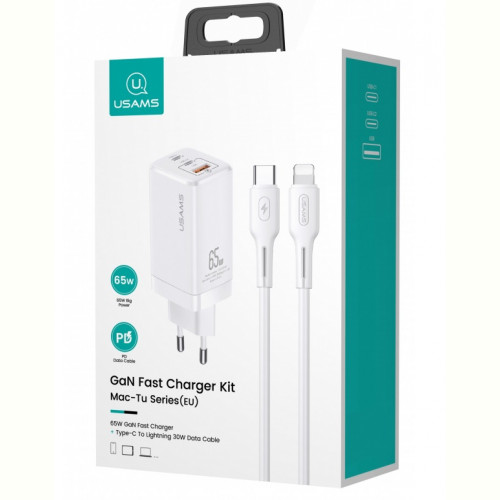 Мережевий зарядний пристрій Usams US-CC110 (1USB, 2USB Type-C) 65W PD + QC3.0 White (MTXLOGTL02) + кабель USB-C - Lightning