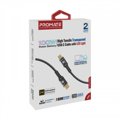 Кабель Promate USB Type-C - USB Type-C (M/M), 5 A, 100 W, 2 м, Lucidline-CC200 Black (lucidline-cc200.black)